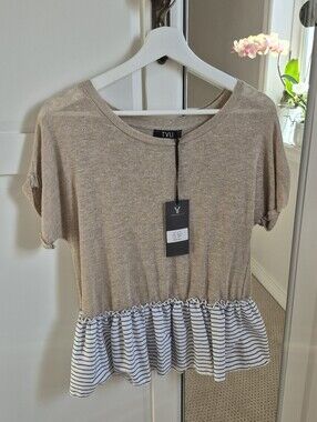 TYLI Womanity Italian Linen Short Sleeve Top With Cotton Striped Peplum NWT SM